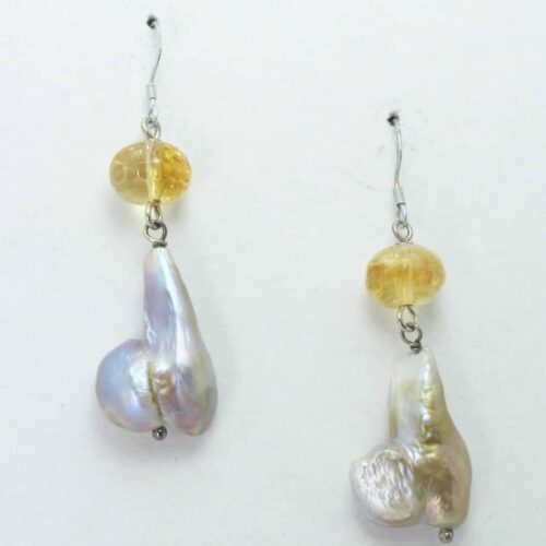 Silver earrings with baroque pearls and citrine quartz