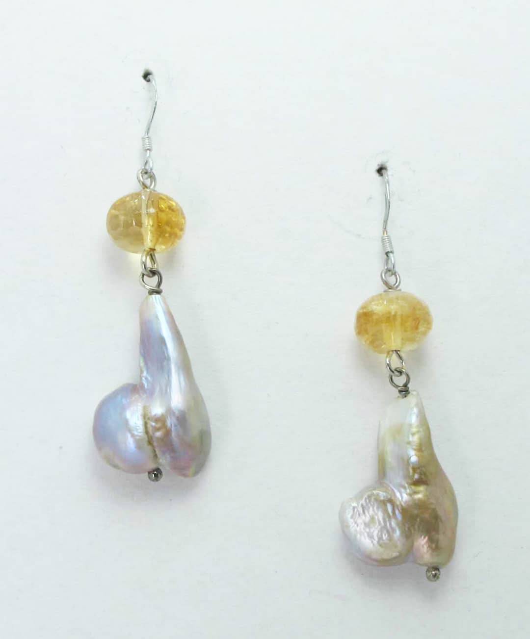 Silver earrings with baroque pearls and citrine quartz