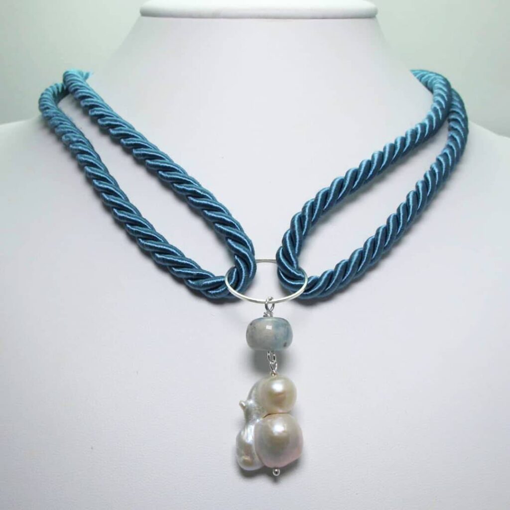 Golden silk necklace with jasper, baroque pearl, lapis lazuli