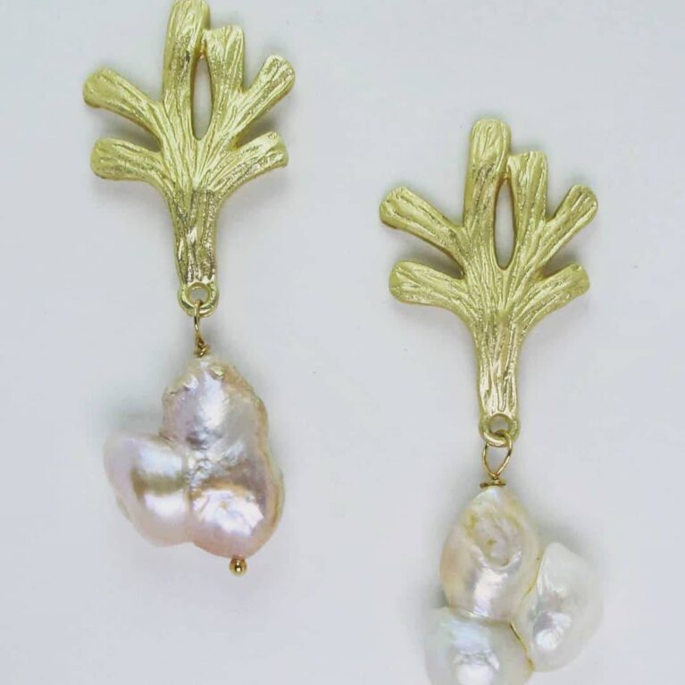 Golden coral branch earrings with baroque pearls
