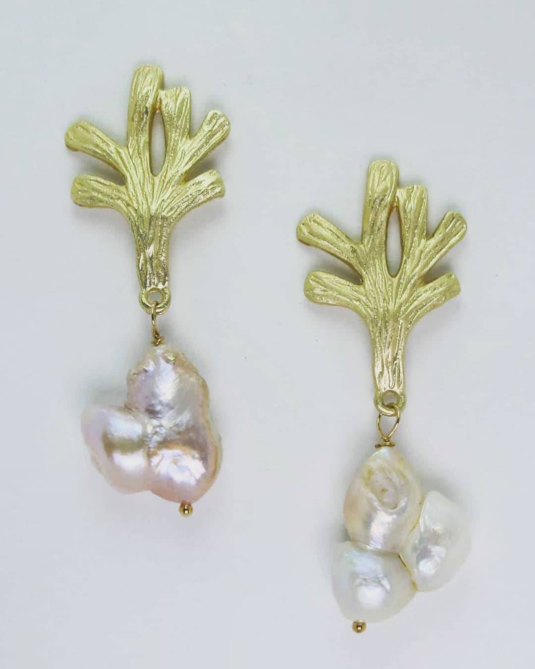 Golden coral branch earrings with baroque pearls