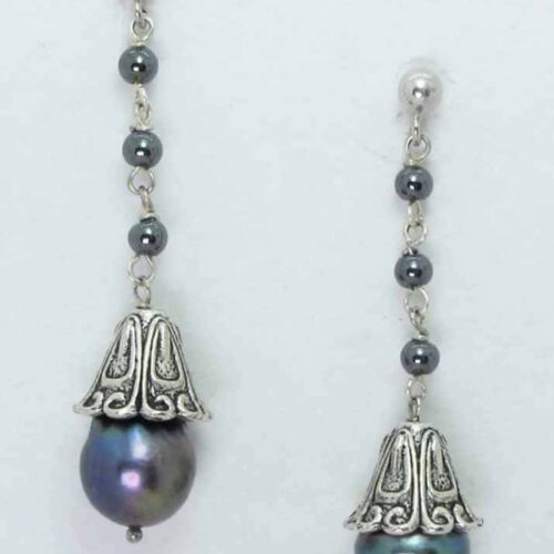 Silver earrings with a little bell, grey baroque pearls and hematite
