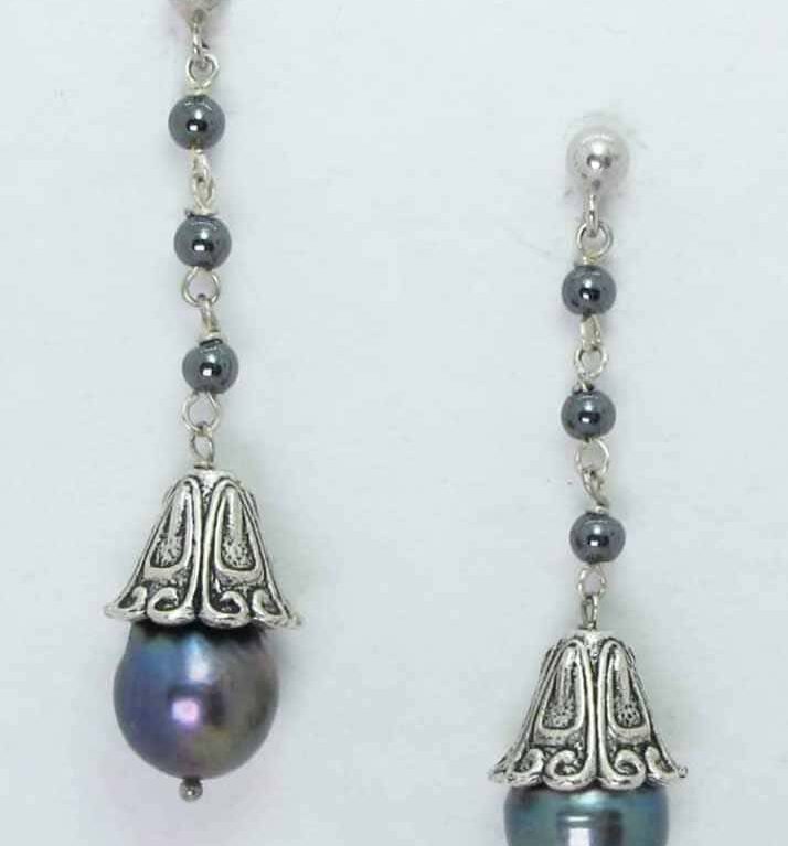 Silver earrings with a little bell, grey baroque pearls and hematite