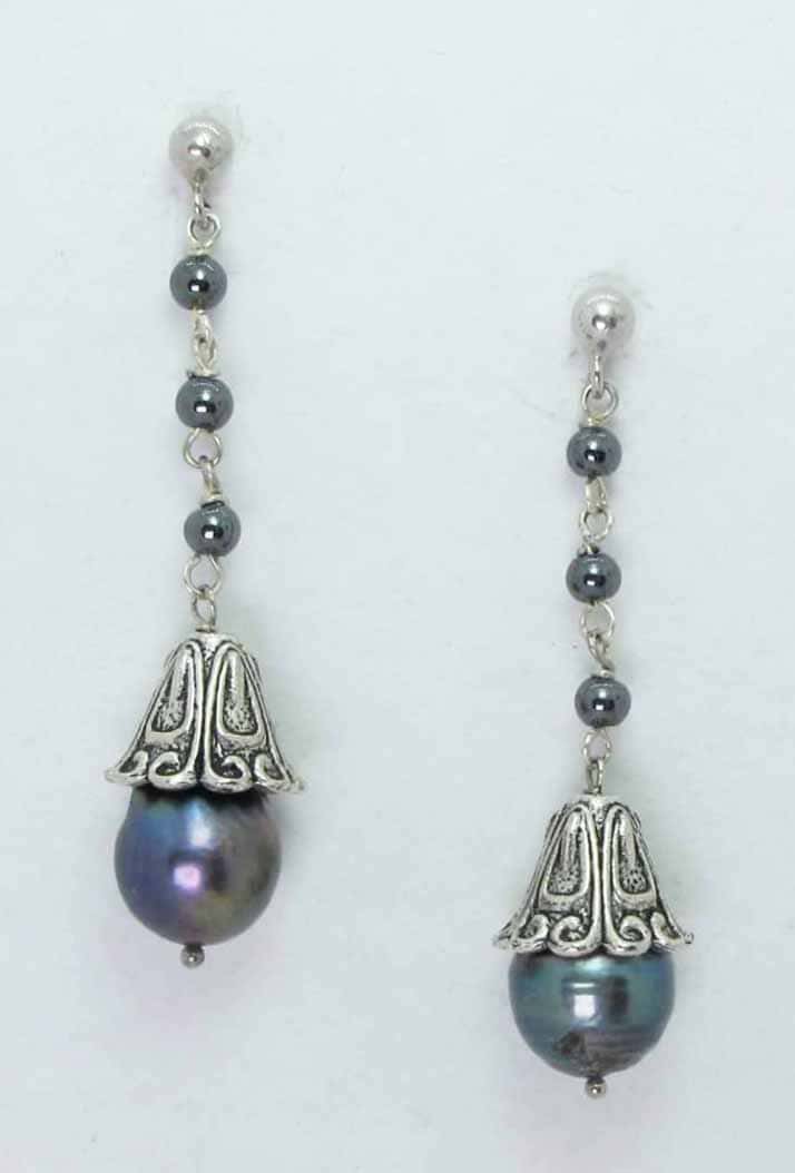 Silver earrings with a little bell, grey baroque pearls and hematite