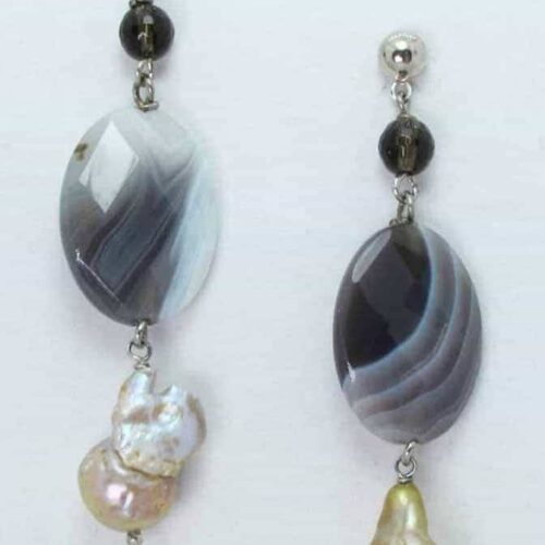 Earrings with baroque pearls, Botswana agate and smoky quartz