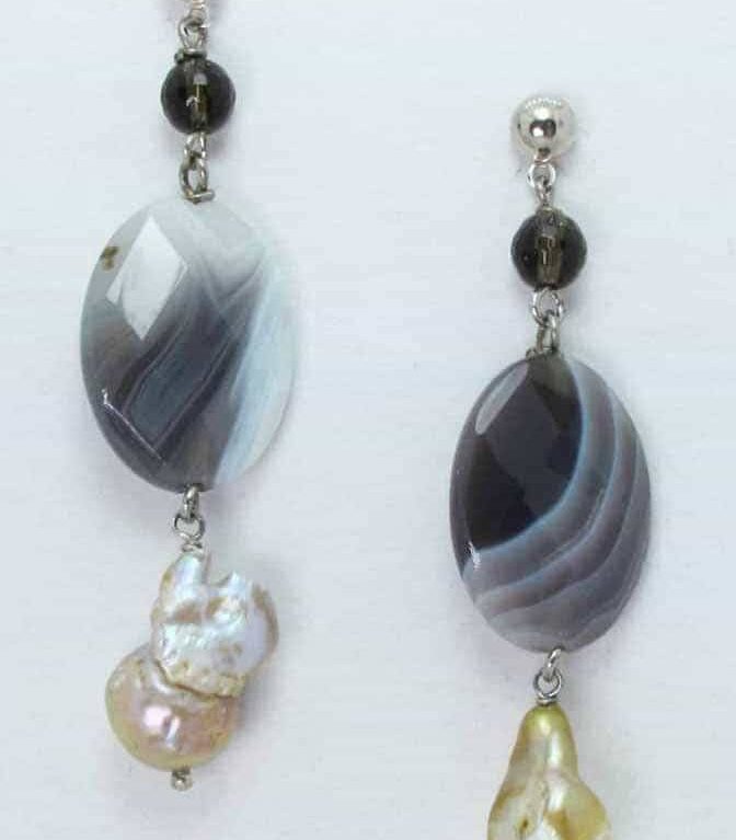 Earrings with baroque pearls, Botswana agate and smoky quartz