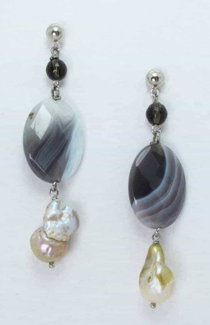 Earrings with baroque pearls, Botswana agate and smoky quartz