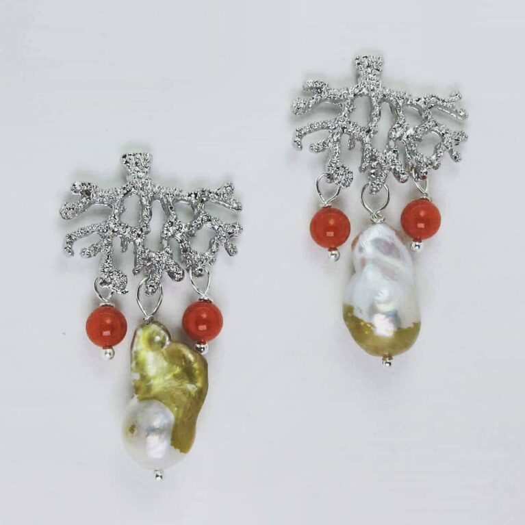 Coral branch earrings with red coral and baroque pearls