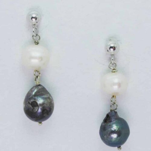 Silver earrings with grey and white baroque pearls