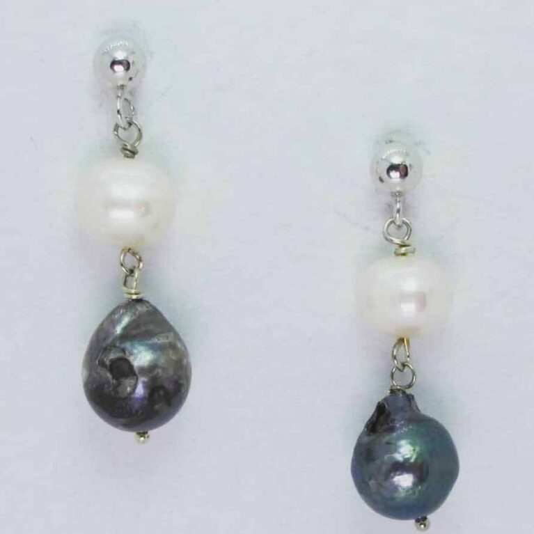 Silver earrings with grey and white baroque pearls