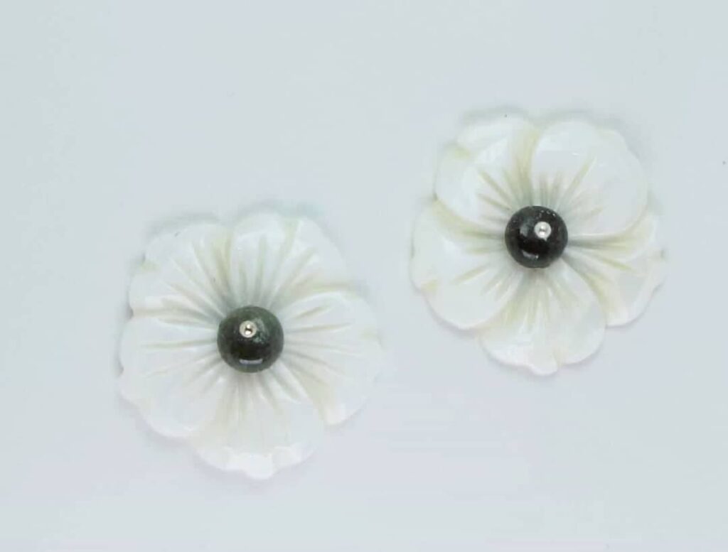 Flower earrings with white carved Tahiti mother of pearl and green tourmaline