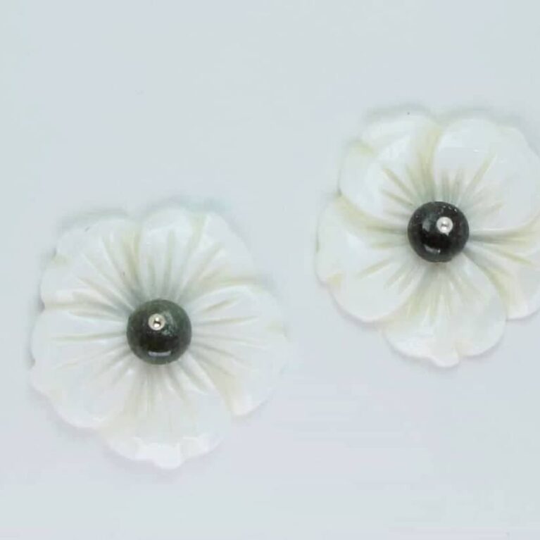 Flower earrings with white carved Tahiti mother of pearl and green tourmaline