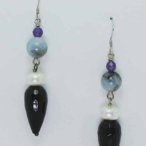 Silver earrings with onyx, aquamarine, amethyst and pearls