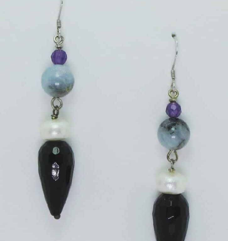 Silver earrings with onyx, aquamarine, amethyst and pearls