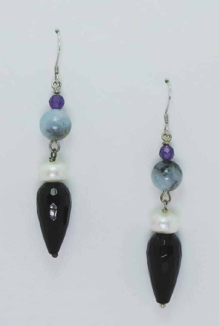 Silver earrings with onyx, aquamarine, amethyst and pearls