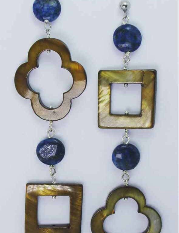 Rhodium plated brass earrings with mother of pearl and lapis lazuli