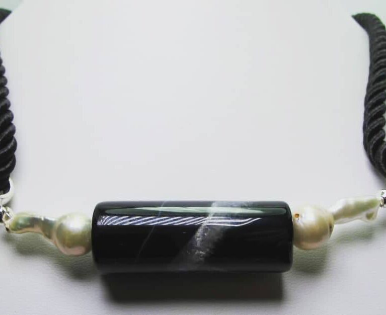 Black silk necklace with onyx and baroque freshwater pearls