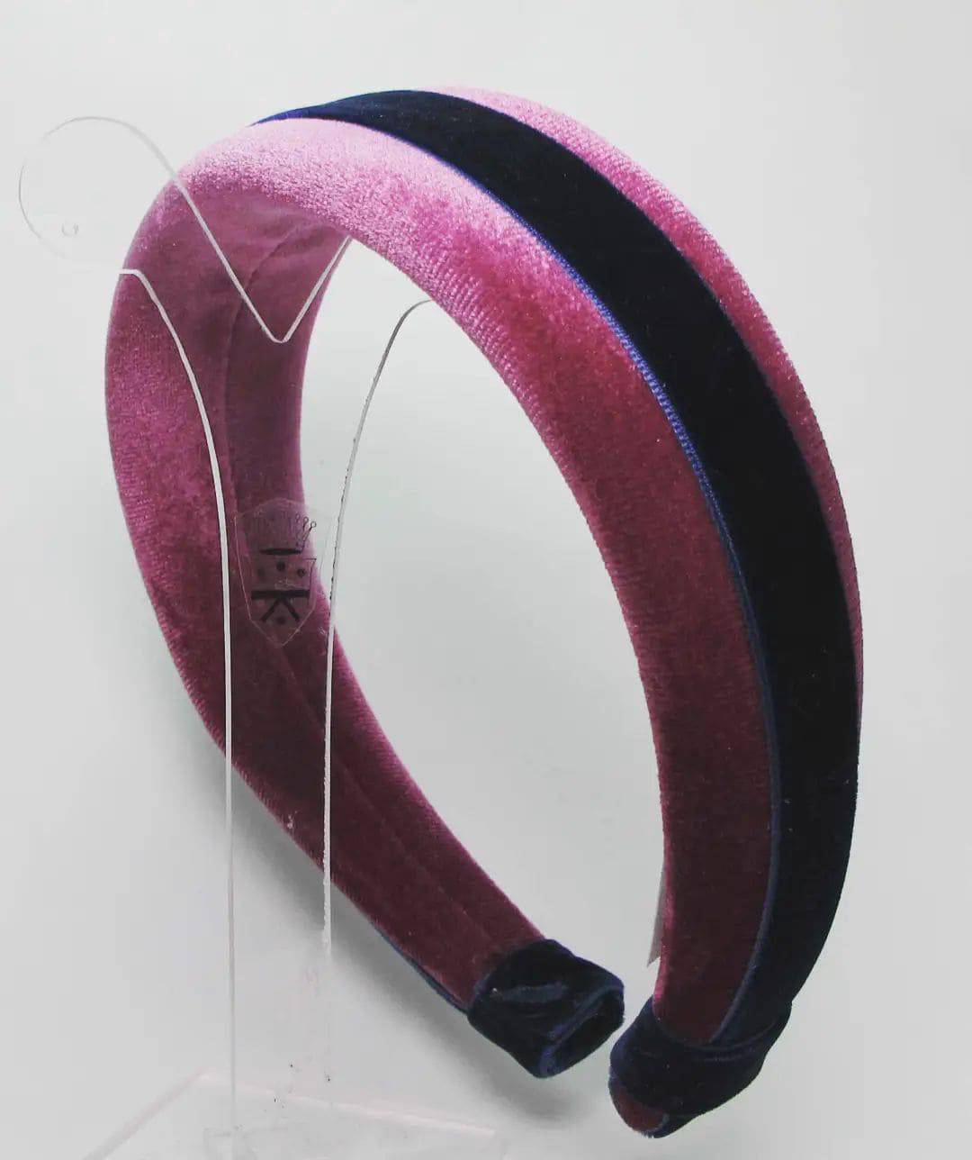Pink velvet headband with blue velvet ribbon