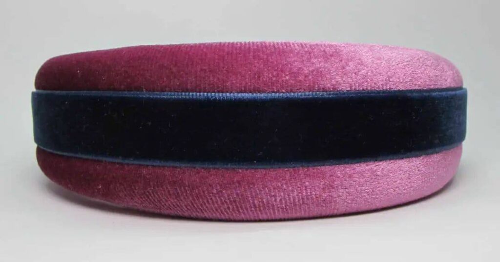 Pink velvet headband with blue velvet ribbon