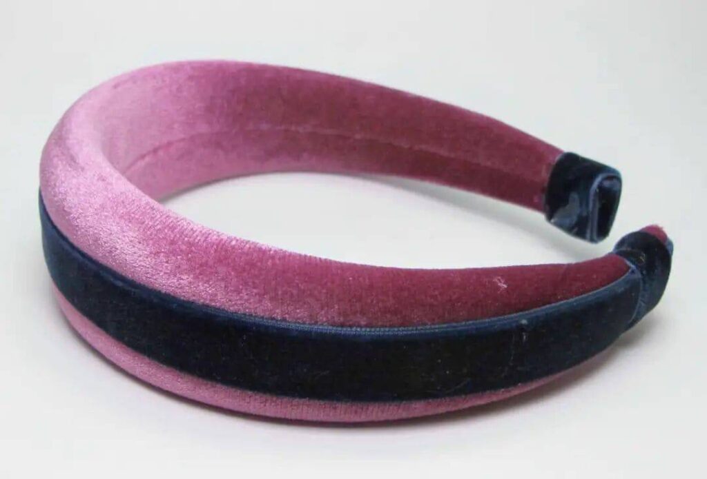 Pink velvet headband with blue velvet ribbon