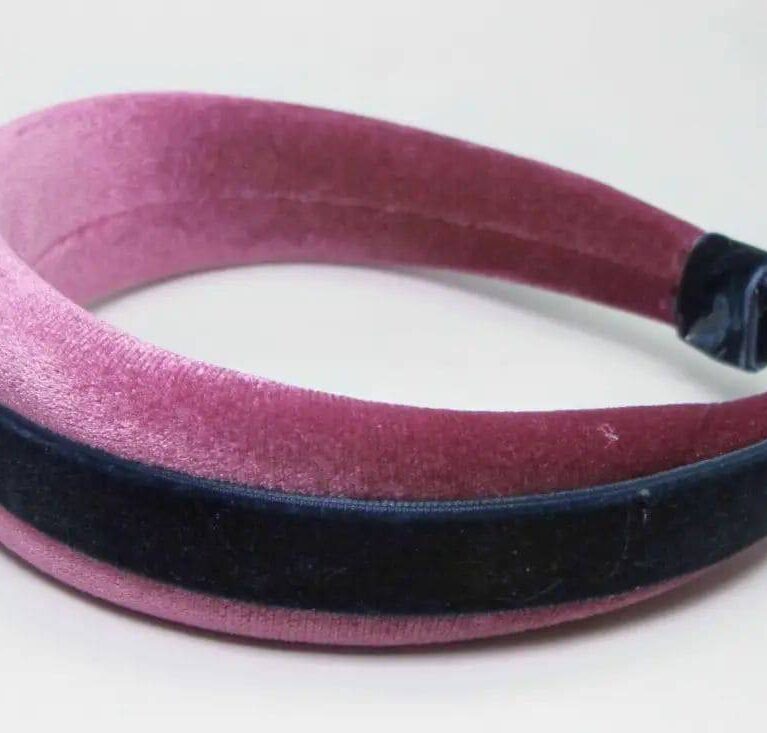 Pink velvet headband with blue velvet ribbon