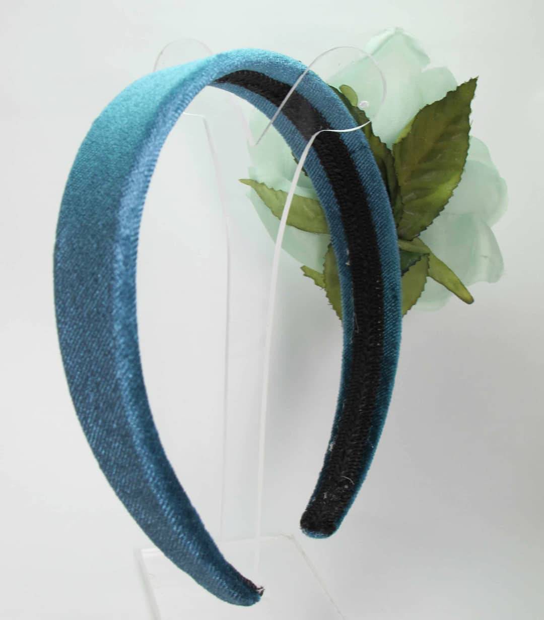 Light blue velvet headband with organza and silk flower