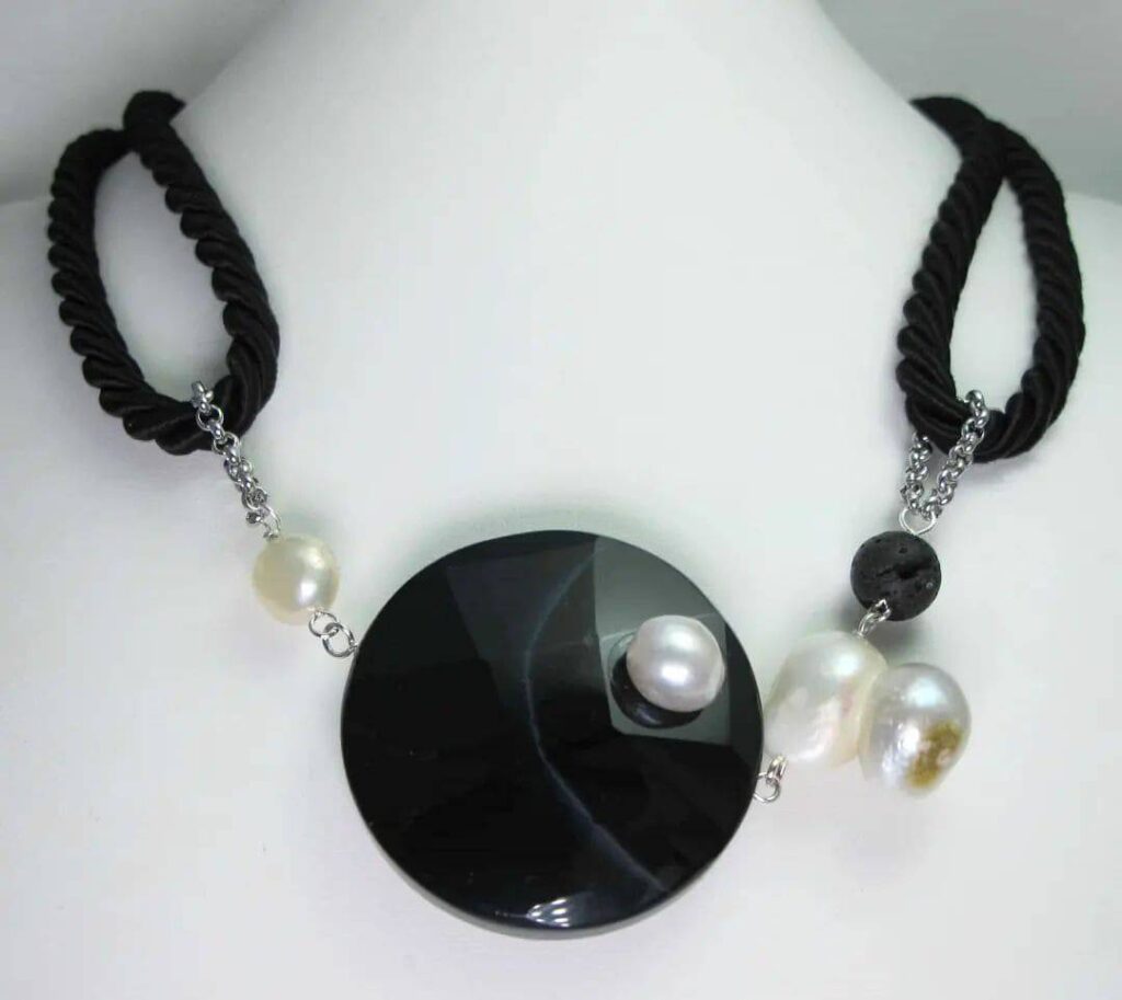 Black silk necklace with onyx, baroque freshwater pearls and lava stone