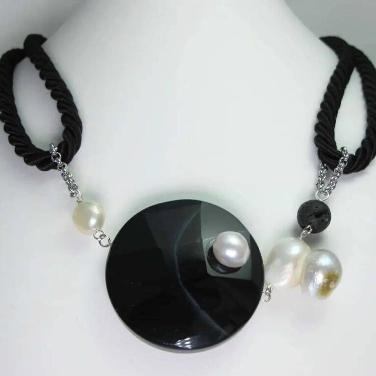 Black silk necklace with onyx, baroque freshwater pearls and lava stone