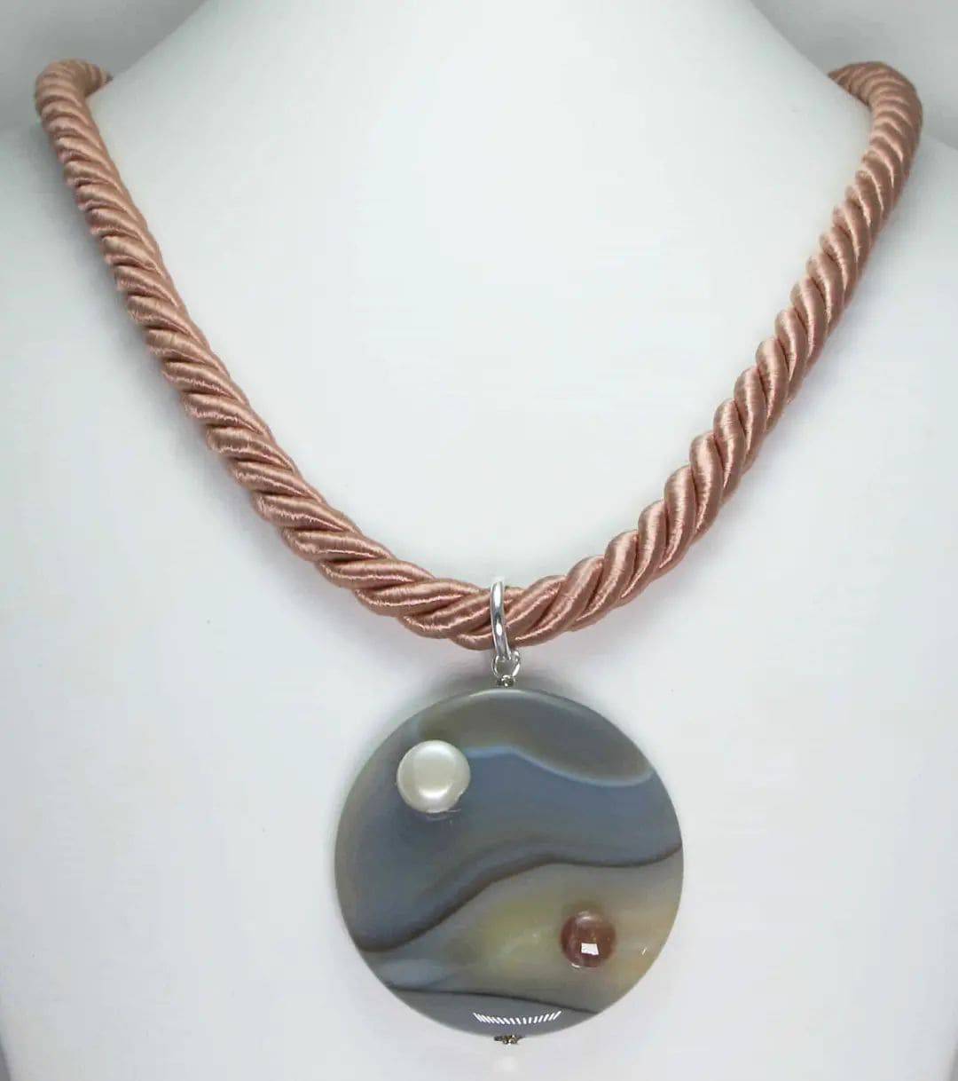 Pink silk necklace with grey agate, pink tourmaline and baroque freshwater pearl