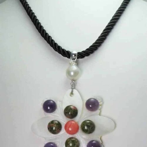 Black silk necklace with mother of pearl, amethyst, unakite, rhodocrosite cabochon and baroque freshwater pearls