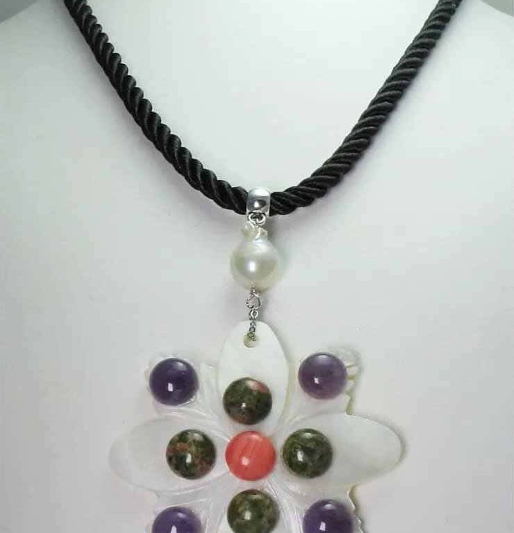 Black silk necklace with mother of pearl, amethyst, unakite, rhodocrosite cabochon and baroque freshwater pearls