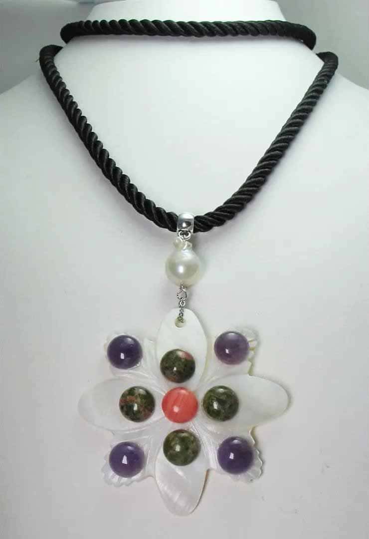 Black silk necklace with mother of pearl, amethyst, unakite, rhodocrosite cabochon and baroque freshwater pearls