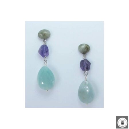 Orecchini con labradorite ovale cabochon, ametista e amazzonite