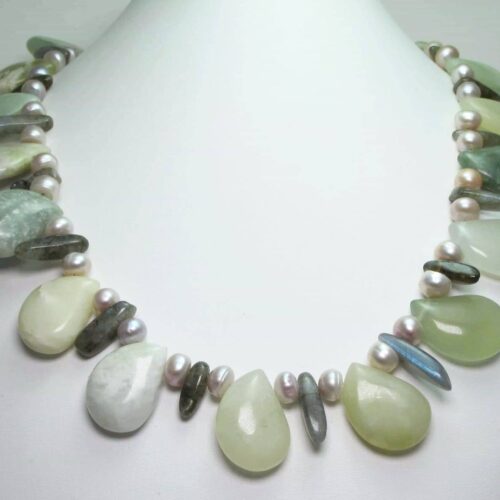 Prehnite petals necklace with pink freshwater pearls and labradorite
