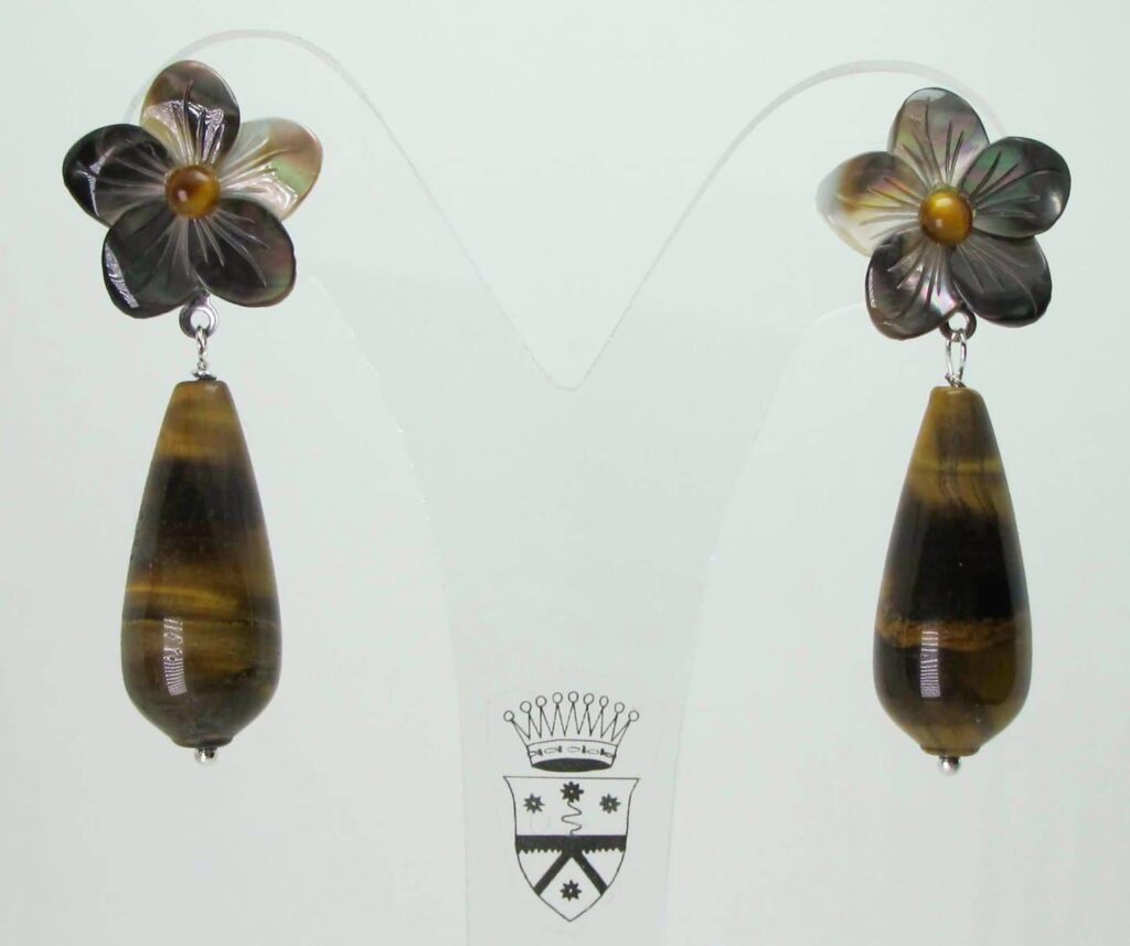 Flower earrings with black carved Tahiti mother of pearl, tiger eye cabochon and teardrop