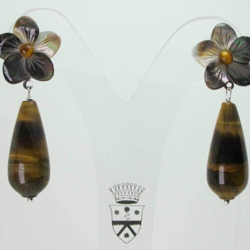 Flower earrings with black carved Tahiti mother of pearl, tiger eye cabochon and teardrop
