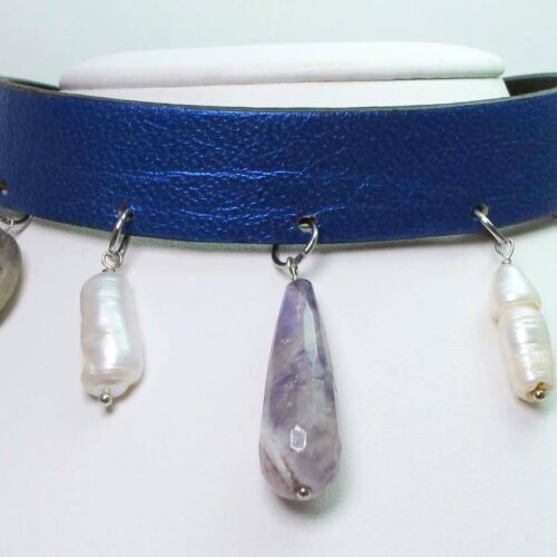 Double face genuine leather choker with amethyst, biwa pearls and labradorite