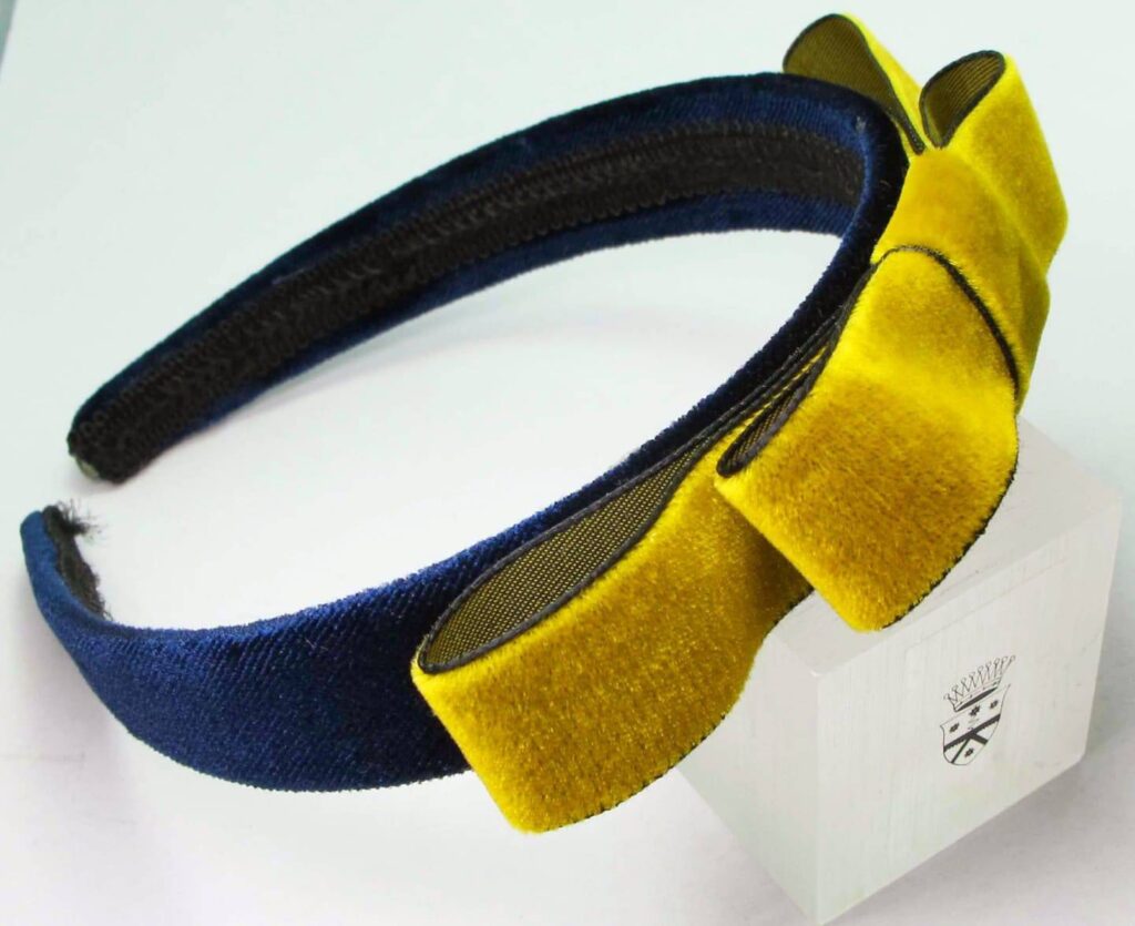 Blue velvet headband with yellow velvet ribbon