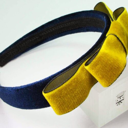 Blue velvet headband with yellow velvet ribbon