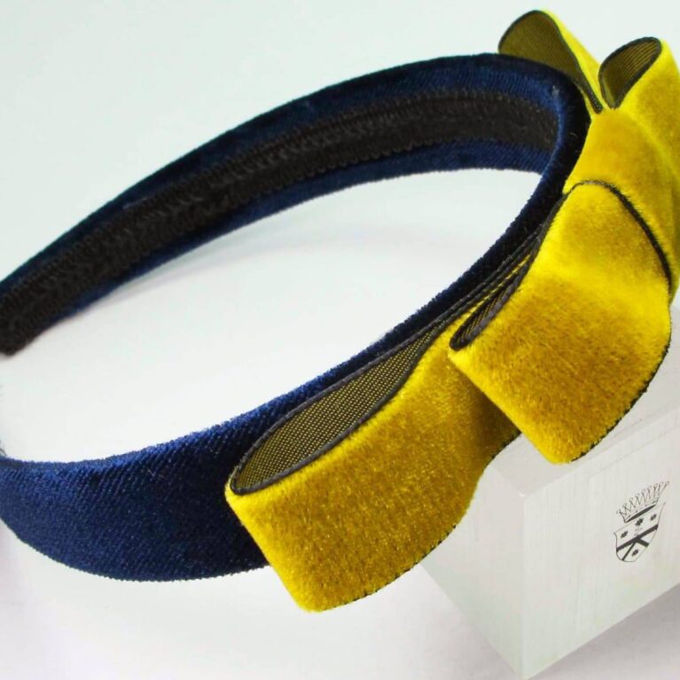 Blue velvet headband with yellow velvet ribbon