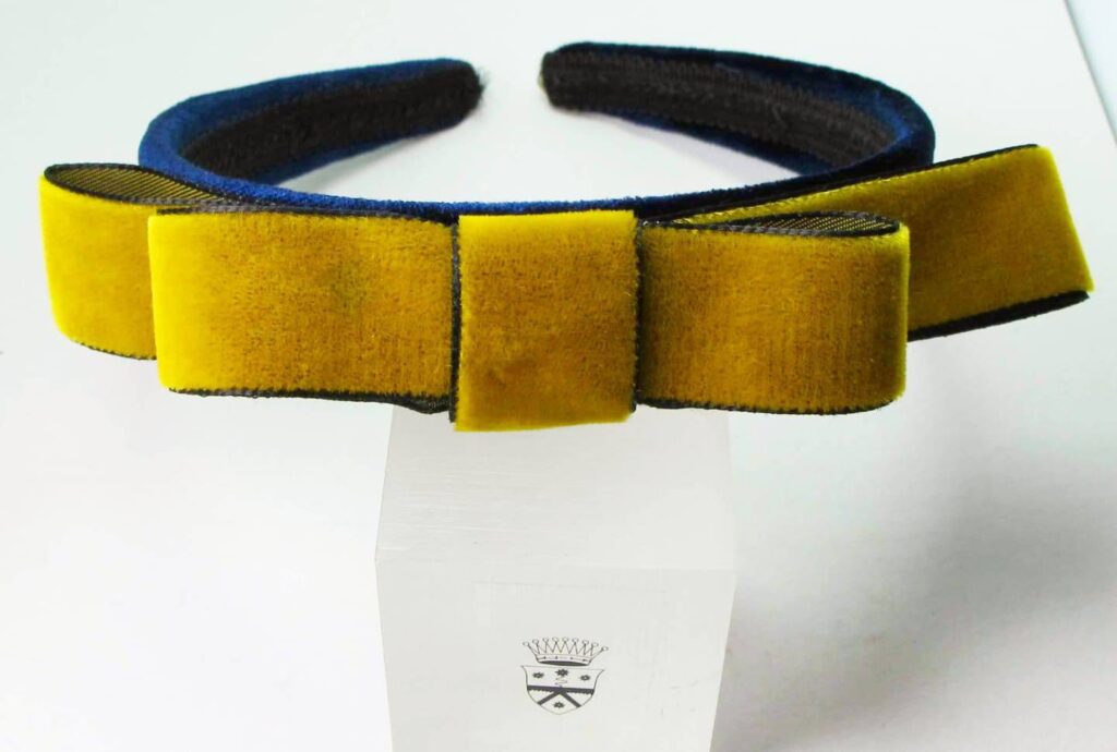 Blue velvet headband with yellow velvet ribbon