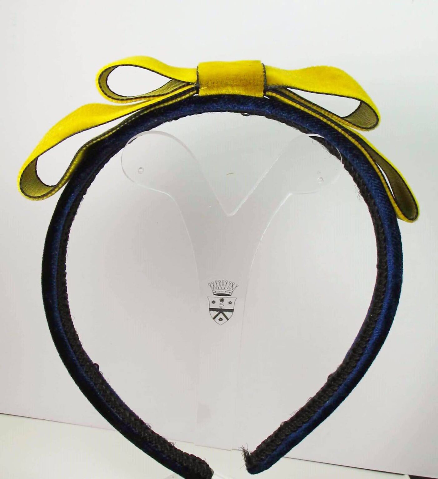 Blue velvet headband with yellow velvet ribbon