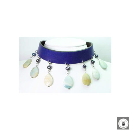 Girocollo e bracciale double face (blu e marrone) in vera pelle con amazzonite e perle di fiume grigie