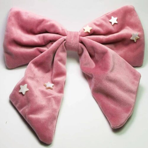 Pink velvet big bow french barrette with mother of pearl stars