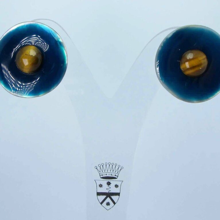 Earrings with enamelled Tahiti mother of pearl and cabochon tiger eyes