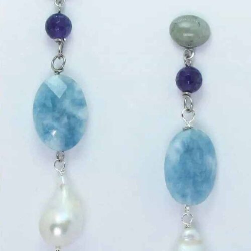 Earrings with oval cabochon labradorite, amethyst, aquamarine and baroque freshwater pearls