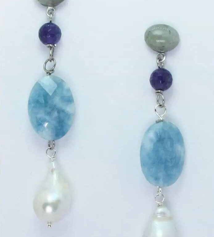 Earrings with oval cabochon labradorite, amethyst, aquamarine and baroque freshwater pearls