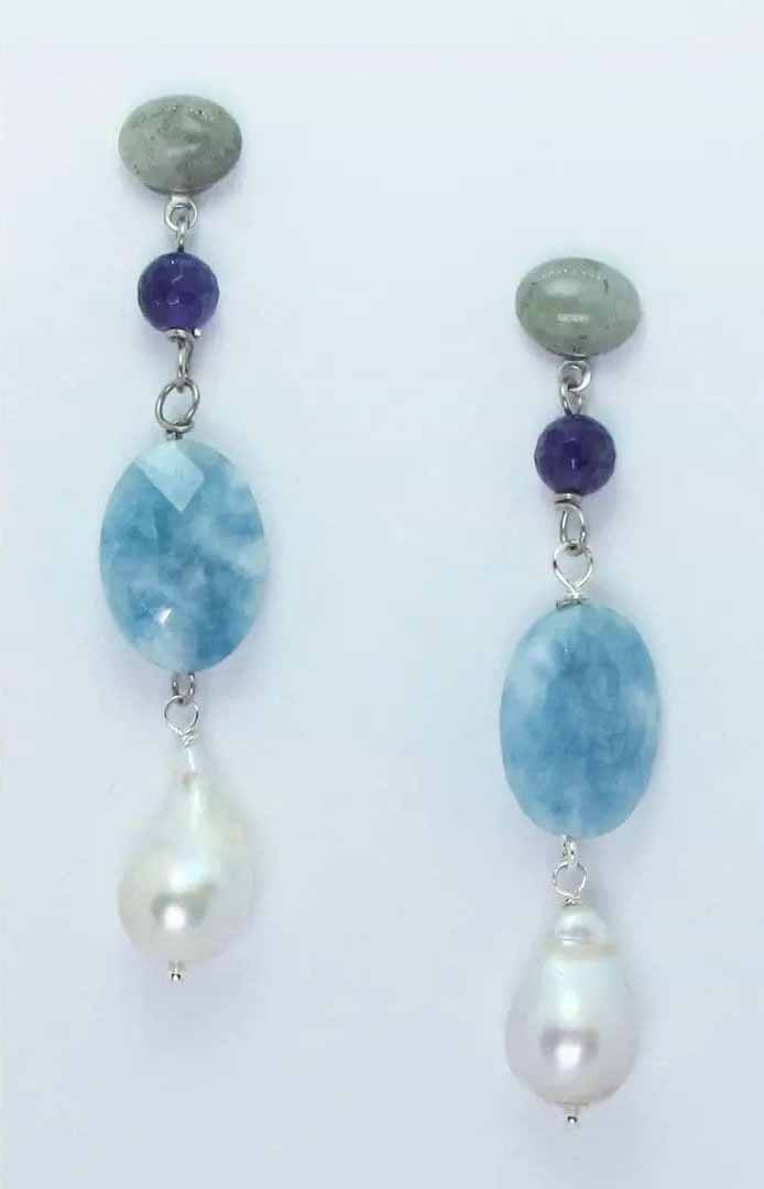 Earrings with oval cabochon labradorite, amethyst, aquamarine and baroque freshwater pearls