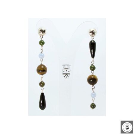 Orecchini "Upside down" con onice, giada verde africana, calcedonio e occhio di tigre