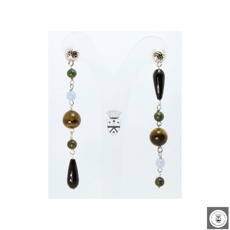 Orecchini "Upside down" con onice, giada verde africana, calcedonio e occhio di tigre